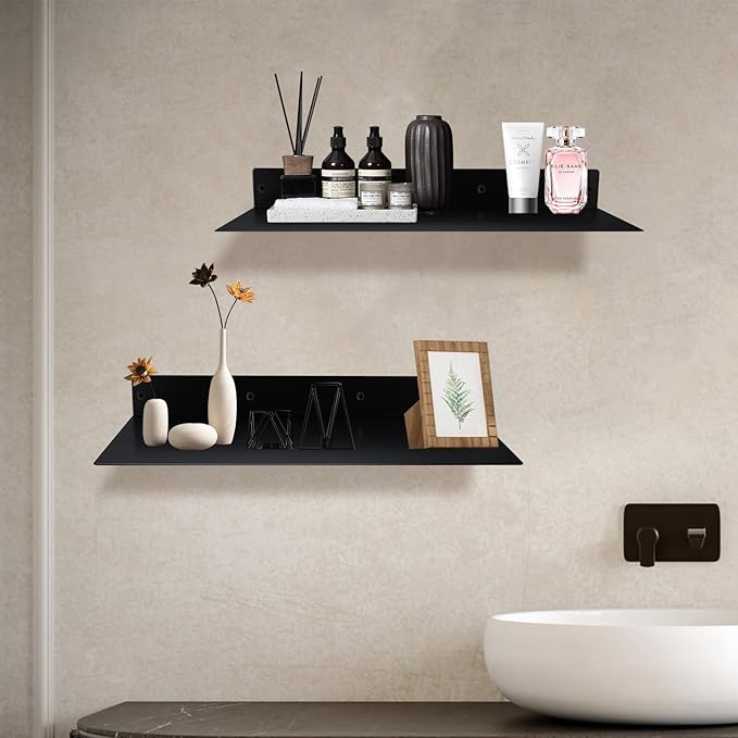 RealPlus Metal Floating Shelf 16.8" x 8" Modern Heavy Duty Steel Wall Mount Shelf, Black