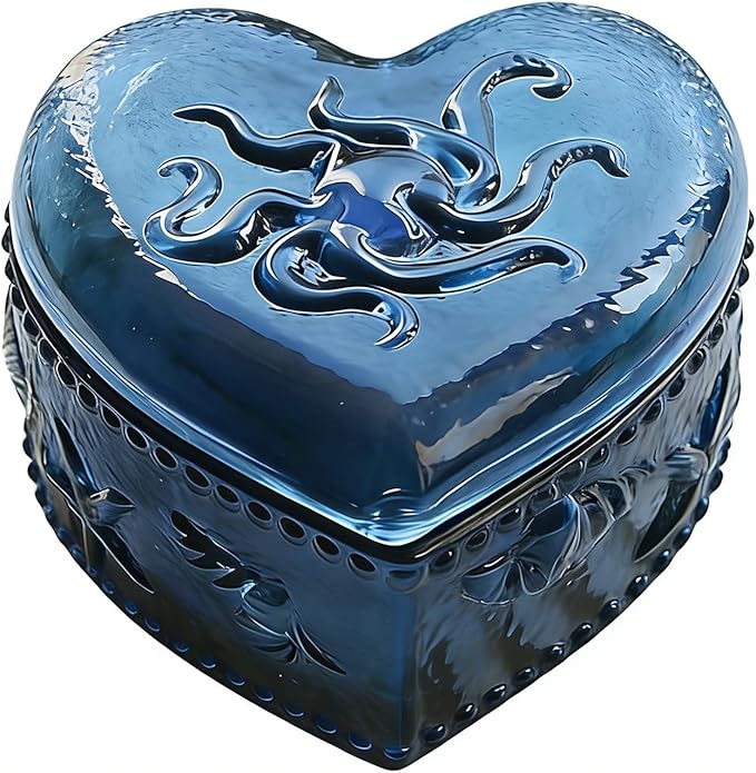 Glass Jewelry Box Heart Shape Cute Box for Storage Ring Earring Trinket Vintage Jewelry Organizer Decorative Gift for Women Girls-GRB021-Navy