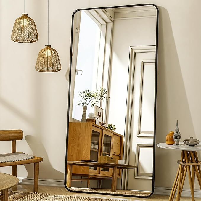 XRAMFY 76"x34" Floor Full Length Mirror Standing Full Body Rounded Corner Rectangle Mirrors with Stand Hanging Wall Mounted Leaning Bedroom Living Room Bedroom Cloakroom,Black