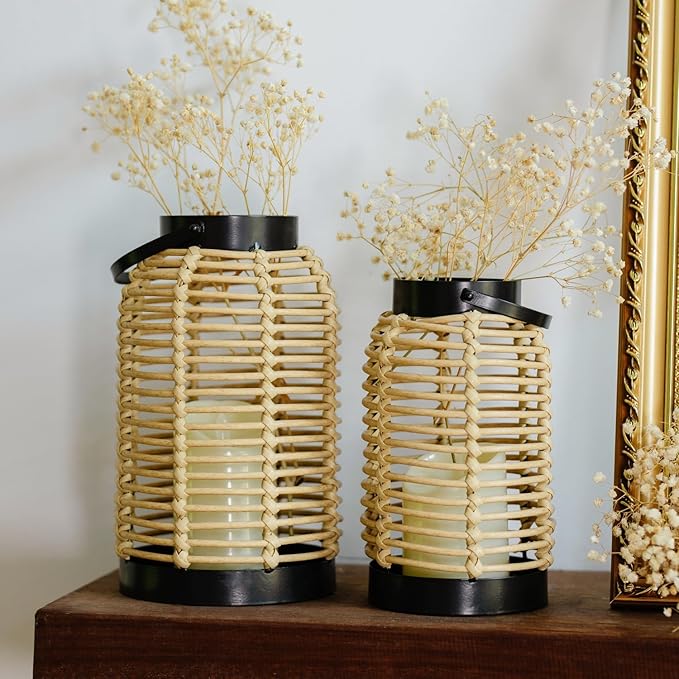 14in Lanterns Decorative for Home Decor- Decorative Candle Lanterns w/ LED Candles- Boho Rattan Woven Hanging Black Lanterns Decor for Indoor, Outdoor, Patio & Porch, Tabletop, Fireplace & Mantle