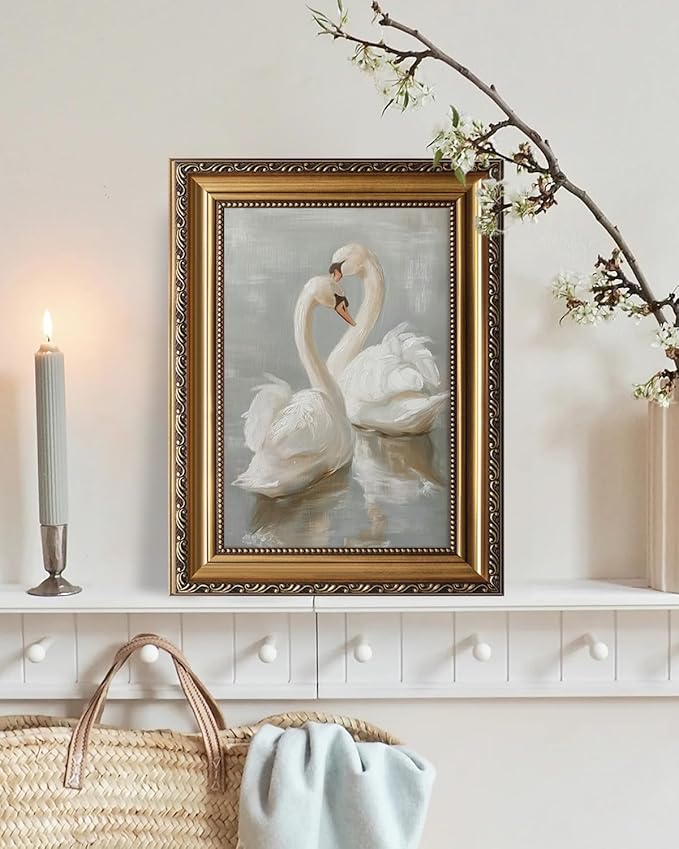 KBKBART Vintage Framed Wall Art for Living Room, Farmhouse White Swan Vintage Painting Canvas Wall Art Prints for Bathroom Wall Decor, Classical Gold Framed Animal Vintage Wall Decor Aesthetic for Bedroom Nursery, 12”x16“