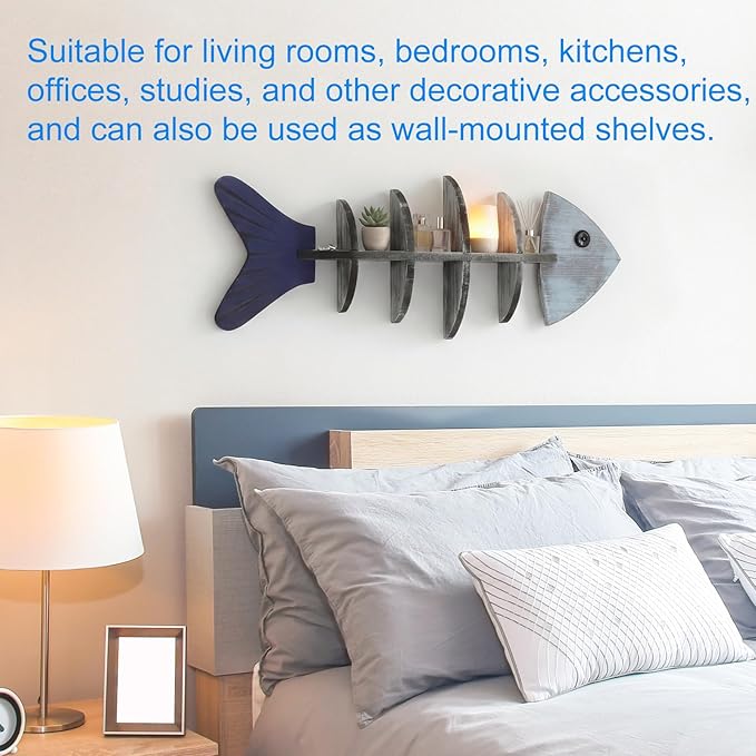Wooden Fish-Shaped Wall-Mounted Floating Shelf Wall Decor, in a Mediterranean Vintage Style, Suitable for Living Rooms, Bedrooms, Kitchens, and Other Spaces.