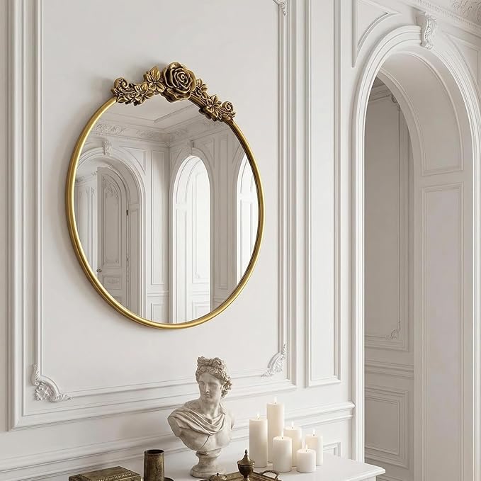 Vintage Baroque Round Wall Mirror 20" Circle Ornate Gold Mirror for Bathroom Antique Carved Frame Accent Mirror for Living Room Bedroom Entryway Vanity