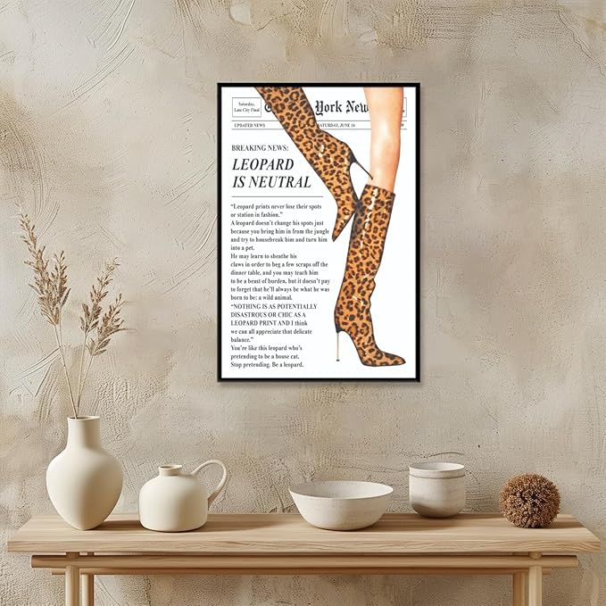 Trendy Newspaper Posters Vintage Leopard Boots Poster Feminist Canvas Prints Retro Fashion Bar Cart Magazine Cover Wall Art for Hot Girl Preppy Y2k Aesthetic Room Home Decor 24x36inch black framed