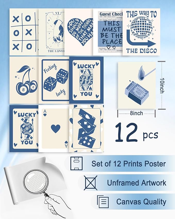 KBKBART 12pcs Blue Lucky Poster - Playing Card Wall Art, Poker Room Decor, Blue Trendy Wall Art, Funky Posters Aesthetic Pictures, Retro Ace Prints Queen of Hearts Decor for Bedroom (UNFRAMED)