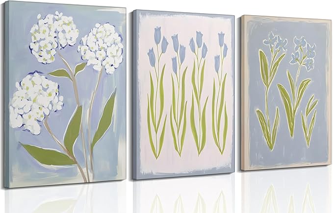 3Pcs Blue Green Tulip Hydrangea Flower Canvas Wall Art Flowers Plant Aesthetics Painting Picture Decor Elegant Preppy Poster Print Artwork for Living Room Gallery Bedroom Dorm Home Decoration