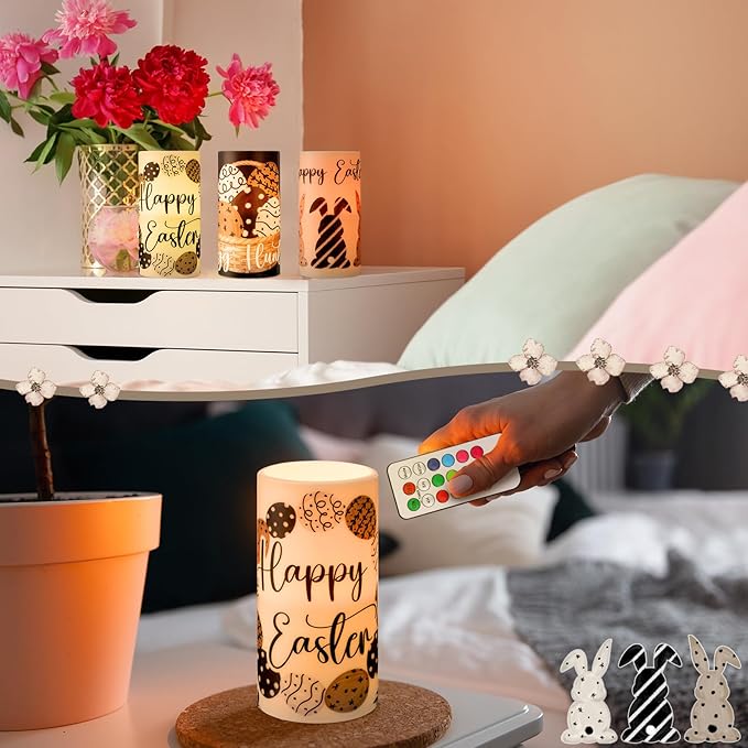Retisee 3 Pcs Black Brown Easter Flameless LED Candles Battery Operated Bunny Spring Flickering Pillar Candles with Remote Rabbit Easter Centerpiece for Bedroom Living Room Dinner Table Decoration