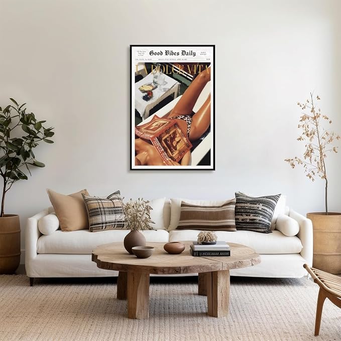 Trendy Newspaper Posters Vintage Good Vibes Daily Wall Art 60s La Dolce Vita Poster Beach Vibe Funky Aesthetic Retro Trippy Art Canvas Prints for Cool Girl Room Home Dorm Decor 24x36inch black framed