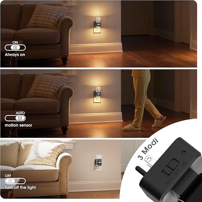 JandCase Motion Sensor Night Light, Night Lights Plug Into Wall, 2 Pack 3000k LED Dimmable Night-Lights with Adjustable Brightness, 0-100Lm, Motion Activated Nightlight for Bathroom, Hallway, Bedroom