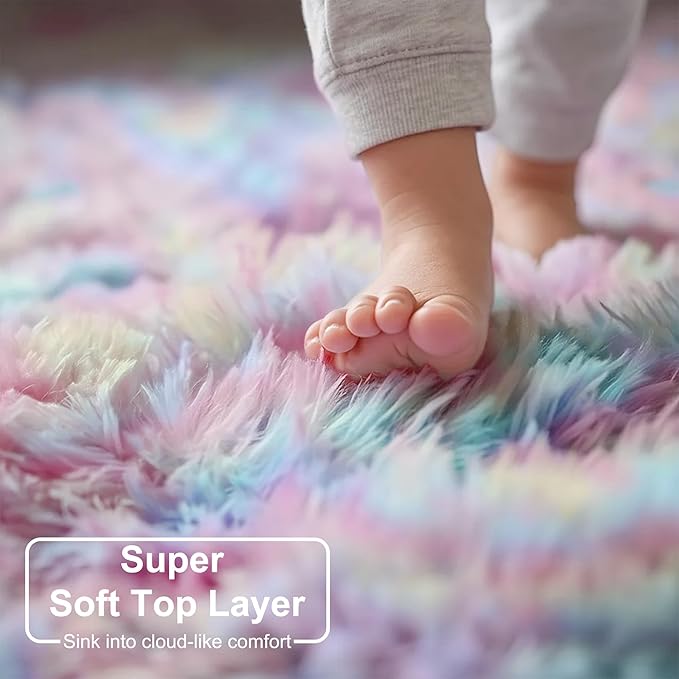 Rainbow Fluffy Kids Rugs for Girls Bedroom, Unicorn Room Decor Aesthetic, 6x9 Colorful Pastel Shag Area Rugs for Playroom Nursery Classroom, Cute Fuzzy Kawaii Princess Carpet for Baby Toddler Teen