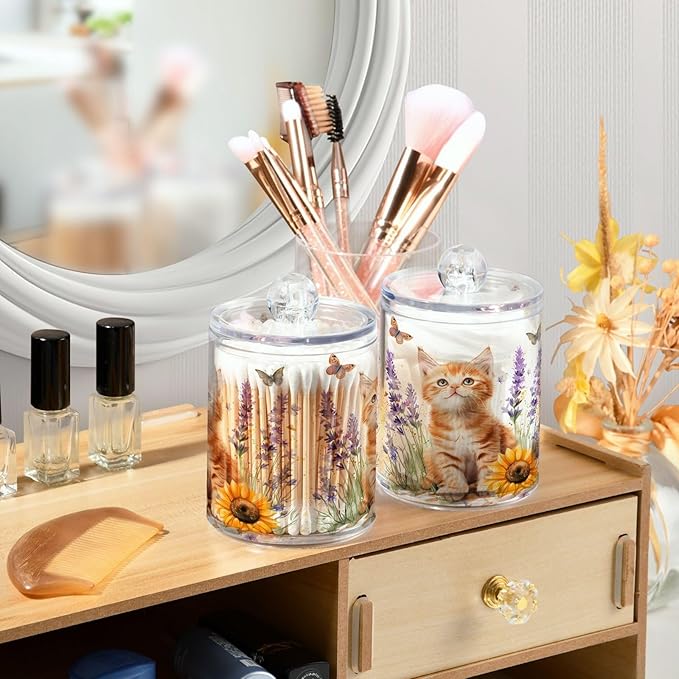 2 Pack Qtip Holder Dispenser for Cotton Ball Lavender Cat Sunflower Swab Round Pads Clear Plastic Acrylic Jar Set Bathroom Canister