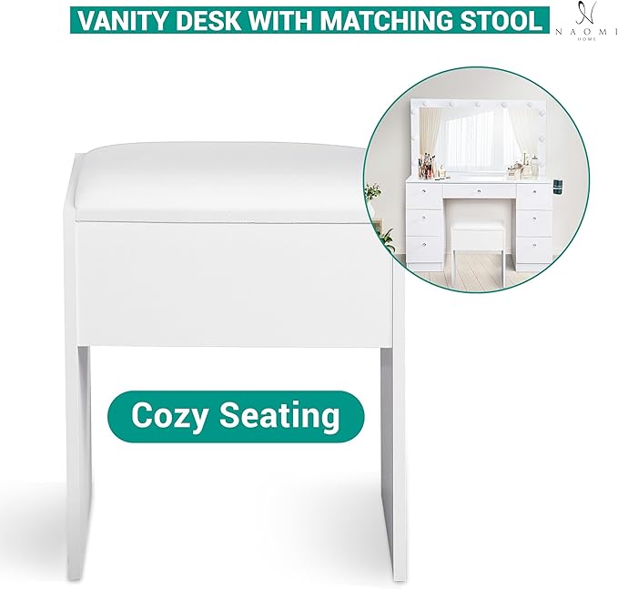 Naomi Home 46" Makeup Vanity Desk with Mirror & Lights – Dressing Table with 11 LED Bulbs, Adjustable Brightness & 3 Modes – Vanity Set with Chair, 7 Storage Drawers & Charging Station (White)