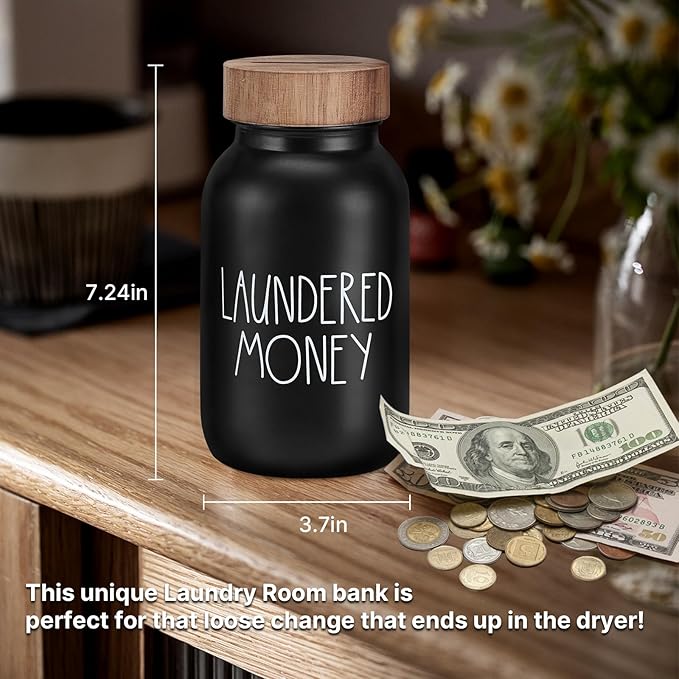 Laundry Room Decor & Organization - Premium Matte Black Glass Coin Bank with Wood Lid - Rustic Farmhouse Money Jar for Loose Change - Funny Laundered Money Tip Jar & Shelf Accessories