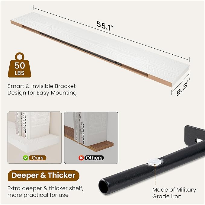 Fun Memories 55 Inch Fireplace Mantel Shelf, 9.3" Deep Floating Shelves for Wall, Long Wall Mounted Farmhouse Display Shelves with Invisible Heavy Duty Metal Bracket, White, 2 Pack