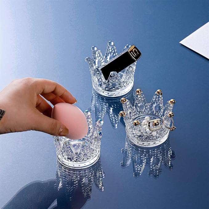 Crystal Glass Candle Holder Set of 3 Crown Shaped Makeup Sponge Beauty Blender Storage Rack Jewelry Watch Nail Art Dappen Dish Wedding Christmas Decor