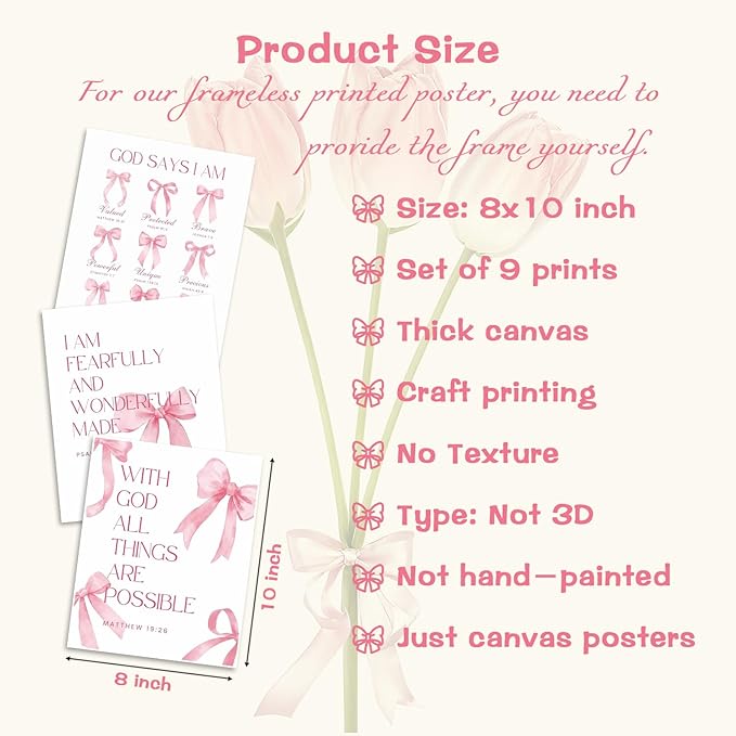 Pink Bows Bible Verse Christian Canvas Wall Art Set of 9, Trendy Posters Prints Wall Decor, Cute Coquette Preppy Girls Aesthetic Room Decor Gifts for Bedroom Living Room Home Decor 8x10inch Unframed