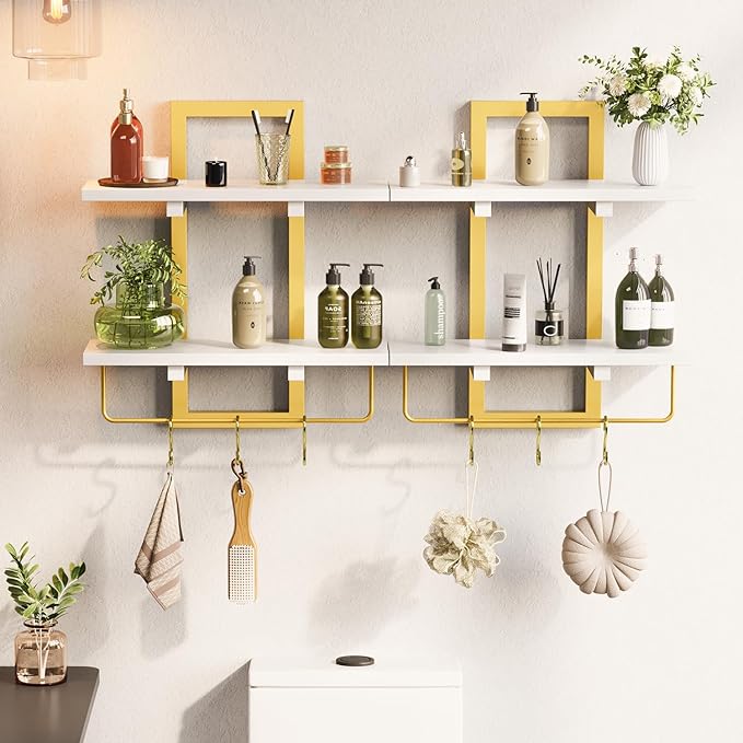 Creso hom Floating Shelves, 15" Wall Shelf Set of 2, Hanging Bathroom Shelves 2-Tier, Wall Mounted Storage Shelves, for Living Room Bedroom Bathroom Kitchen Office Coffee Bar, White and Gold