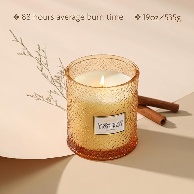 Sandalwood & Patchouli Candle, Luxury Decorative Glass Candle 19oz, Soy Wax Scented Gift for Women, Elegant Home Fragrance