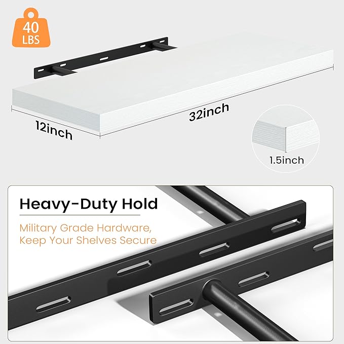 12 Inch Deep Floating Shelves, 32W x 12D Floating Shelf for Books, Rustic Wood Deep Wall Shelves for Home Storage & Display, 1.5" Thicked Shelves for Kitchen, Living Room, Bedroom, White, 2 Pack