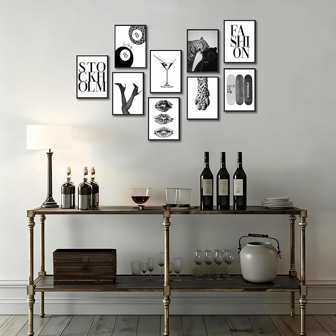 LOARTVE 9Pcs Black and White Fashion Wall Art Prints Trendy Leopard Stockholm Cocktail Lucky 8 Ball Pictures Wall Decor Preppy Aesthetic Posters for Girls Bedroom Dorm Apartment Unframed 8x10in
