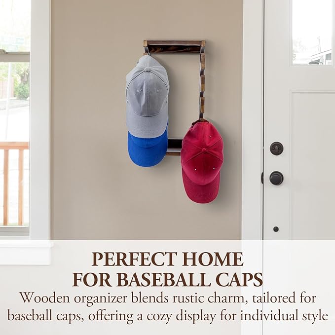 MyGift Wooden Hat Rack Wall Mounted, Baseball Cap Collection Holder Display, Wood Hat Organizer Shelf Storage with 10 Hooks for Hanging, Rustic Burnt Solid