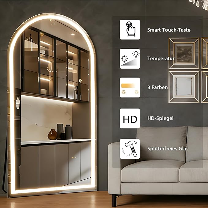 Arched 180x80cm Full Body Mirror with Light, LED Floor Mirror, Wall Mounted Dimming & 3 Color Lighting for Bedroom, White