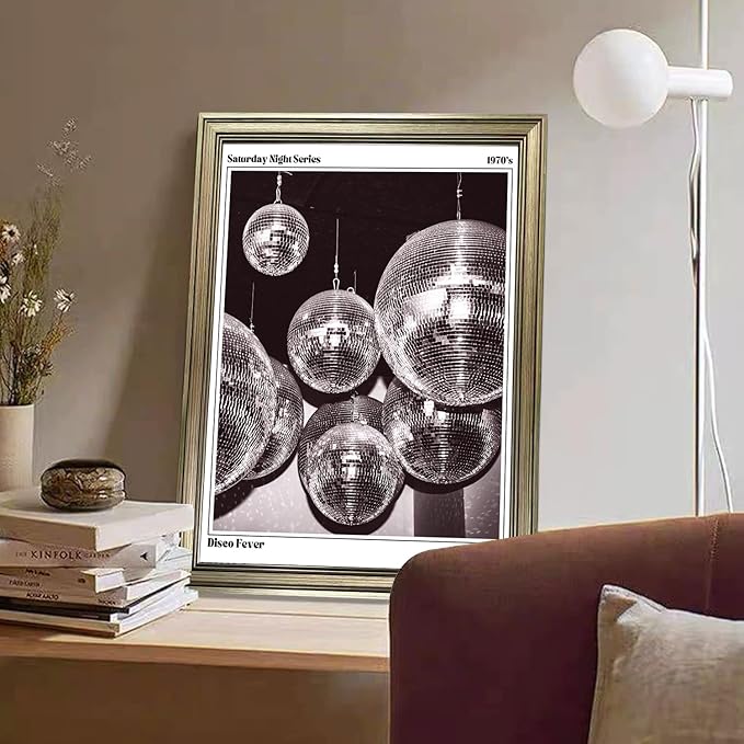 Disco Ball Decor, Vintage Framed Print Posters for Room Aesthetic, Trendy Retro 70s Decor Funky Wall Art, Preppy Bar Cart Canvas Artwork