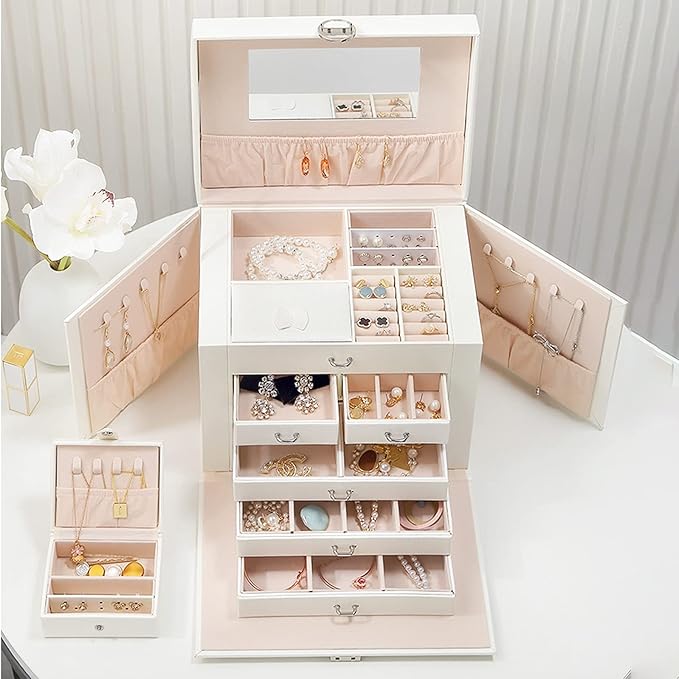 Makeup Organizers PU Leather Travel Jewelry Boxes 6 Tier Jewelry Storage Case with Lock & Mirror Large Capacity Craft containers for Rings, Necklaces, Earrings, Bracelets Jewelry Case ( Color : White