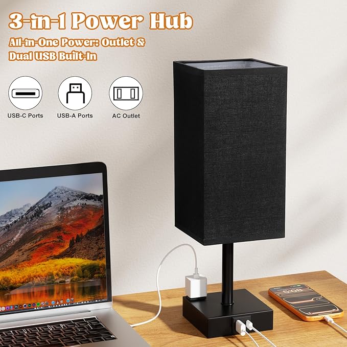 aooshine Black Bedside Lamp for Nightstand - Touch Table Lamp with Type C + A and AC Outlet, Square Charging Lamps for Bedroom Decor, Dorm Lamp for Men, E26 Bulb Included (3000K)