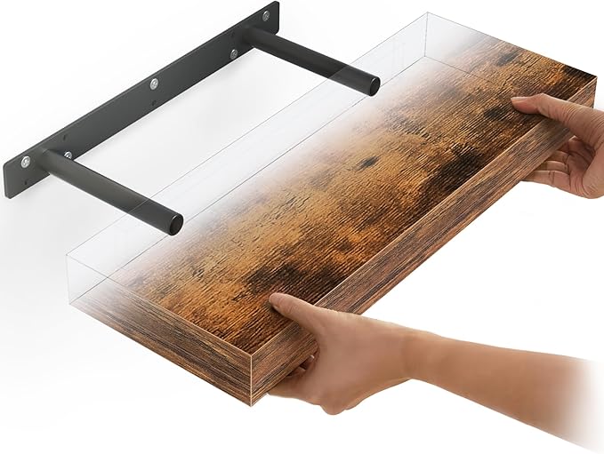 Ballucci Floating Shelves, 16" Wood Wall Shelf Set of 3, Invisible Brackets Floating Shelf for Wall Decor Living Room, Bathroom, Bedroom, Kitchen, 6" Depth, Rustic Brown