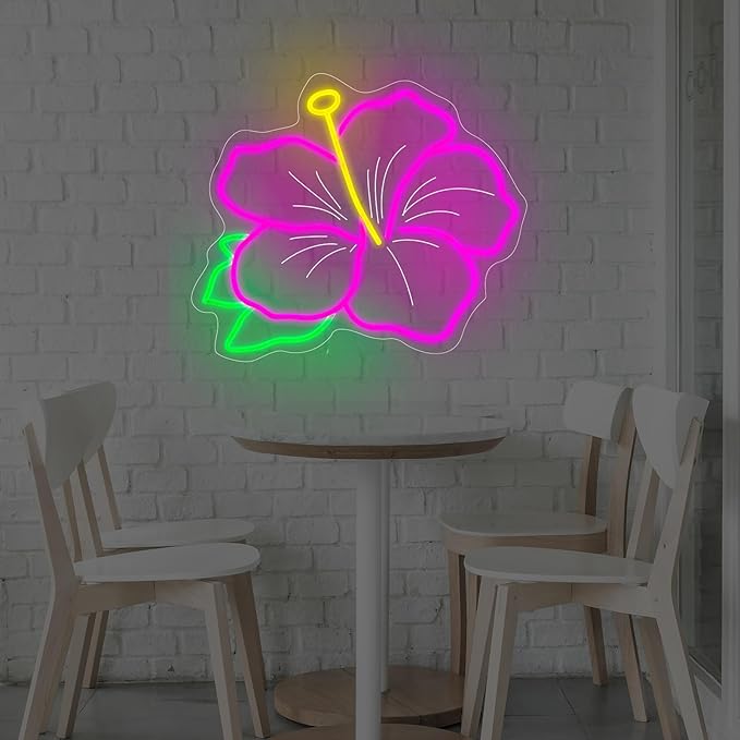 Hibiscus Neon Sign Hibiscus Flower Neon Light Hawaii Floral Neon Light Tropical Flower Sign Home Wall Art Decoration, 15"x12", Pink