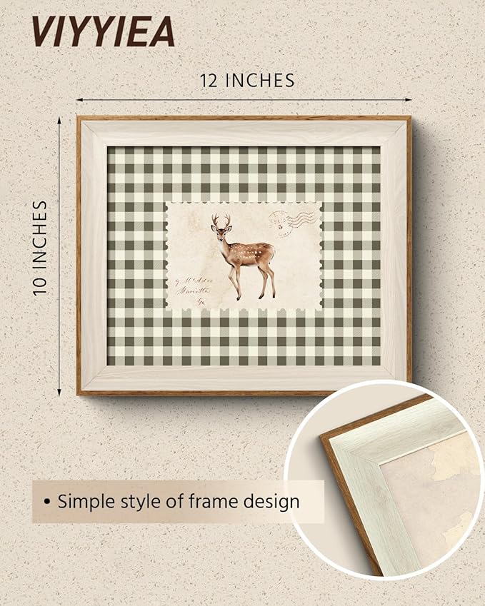 VIYYIEA Framed Wall Art for Living Room, Sika Deer Stamp Canvas Prints, Green Home Decor, Animals Painting Picture, Bathroom Wall Decor Gifts for Friends or Family - 12L x 10W
