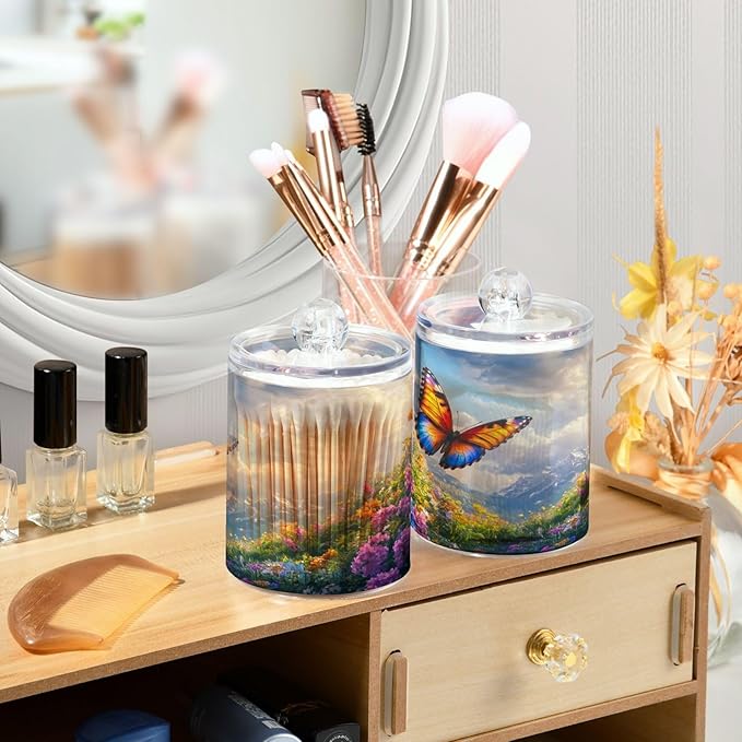 Nander 2Pack Beautiful Spring Wildflowers and Butterflies Qtip Holder Dispenser -Clear Plastic Apothecary Jars Set - Restroom Bathroom Makeup Organizers Containers for Cotton Swab, Ball, Pads, Floss