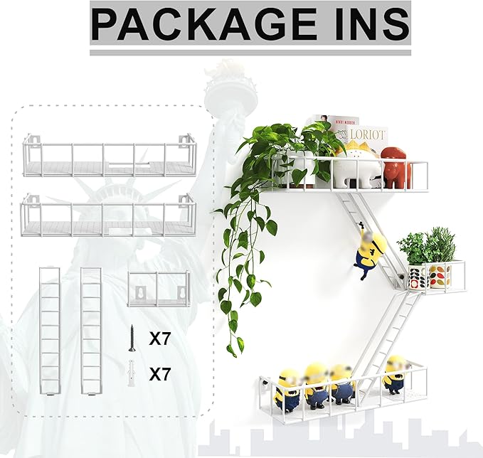 Fire Escape Shelf - 3 Tier Metal White Fire Escape Wall Shelves with Baskets, New York Action Figurine Display Shelf, Unique Rustic Floating Decorative Wall Shelves for Any Room