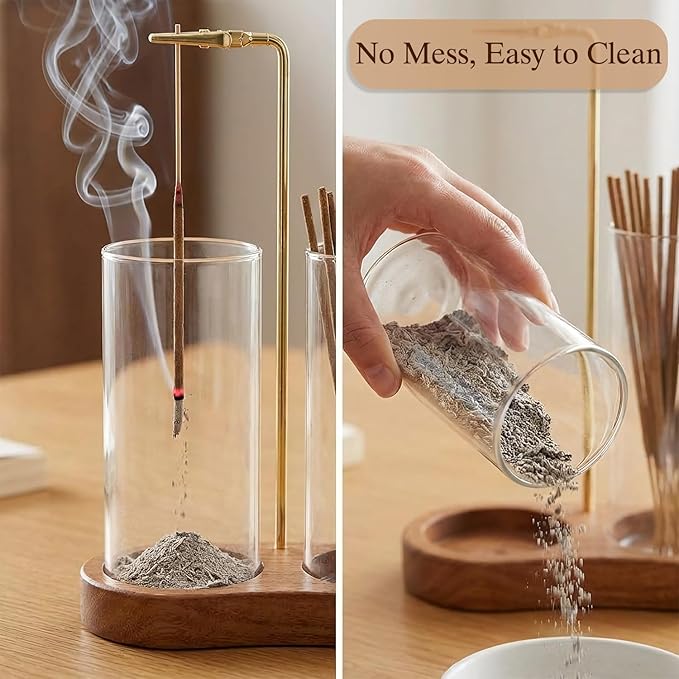 Incense Holder for Sticks with Glass Ash Catcher - Upside Down Anti-Ash Flying Incense Burner & Stick Storage Organizer, Ideal for Meditation, Yoga, Zen Home Decor, Spa Relaxation Gift (Natural Wood)