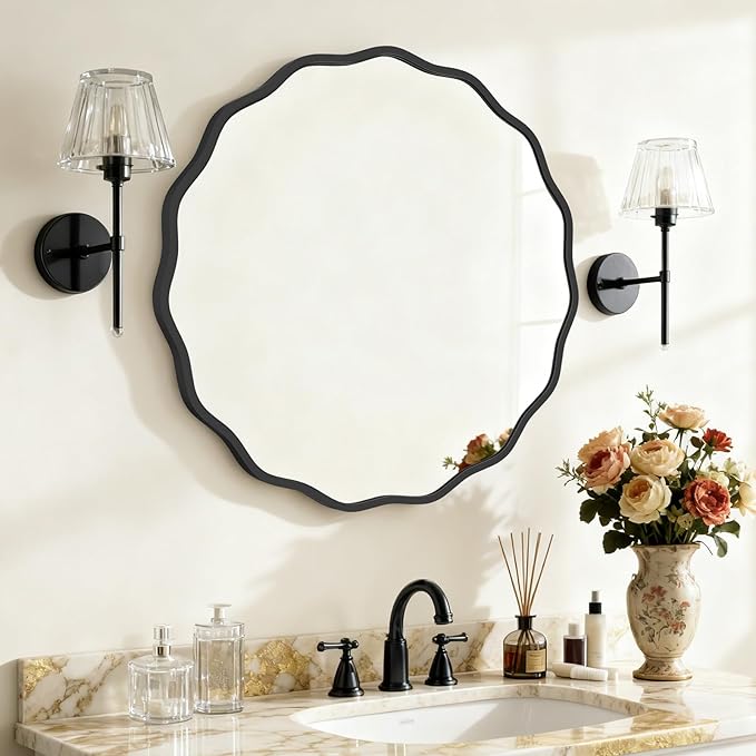 HOMECOOKIN 28 Inch Wavy Round Wall Mirror, Round Wavy Wall Mirror with Aluminum Frame for Bathroom Upgrades, Hotels, Dressing Tables,Farmhouses