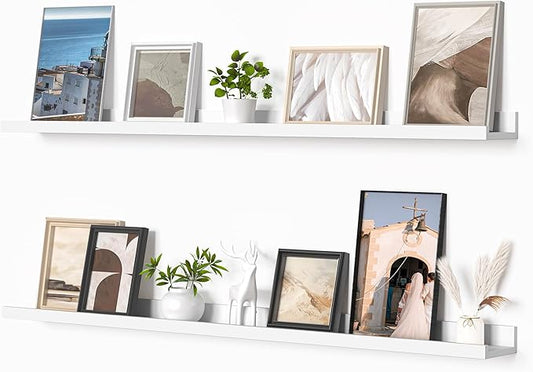 Heimlove Picture Ledge Shelf, Floating Shelves Set of 2, 48 Inches Picture Shelf for Wall with Ledge, Kids Bookshelf Wall Mounted for Living Room Bedroom Decor Books Photo Frames, White