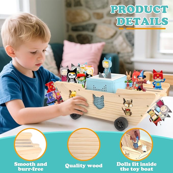 Ship for Tonies Box 1/2 Organizer Storage Shelf, Wooden Magnetic Holder for Toniebox Player Tonies Figures Characters for Children, Display Collection 20~30 Characters, Funny Little Ship