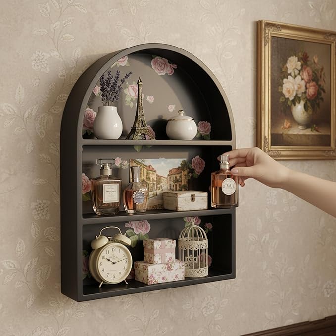 Arched Trinket Shelf - 15 Inch Black Wood Wall Mounted Trinket Display Shelves for Crystals, Nails, Bohemian Decor Organizer for Bedroom, Bathroom & Home
