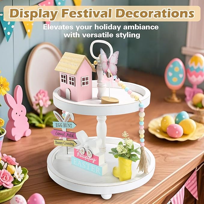 Wooden Two Tiered Tray Stand, Farmhouse Round 2 Tier Decorative Tray for Home Kitchen Table Decor, Serving Tray for Coffee Bar Party Weddding Holiday Decorations Fruits and Cupcake Display (White)