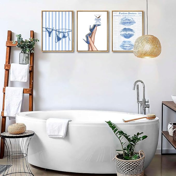3Pcs Trendy Coquette Wall Art Blue Lips Bikini & Bow Heels Wall Decor Pictures Vintage Martini Newspapaer Canvas Posters Prints for Y2K Girly Room Dorm Apartment Preppy Aesthetic Decor 16x24in
