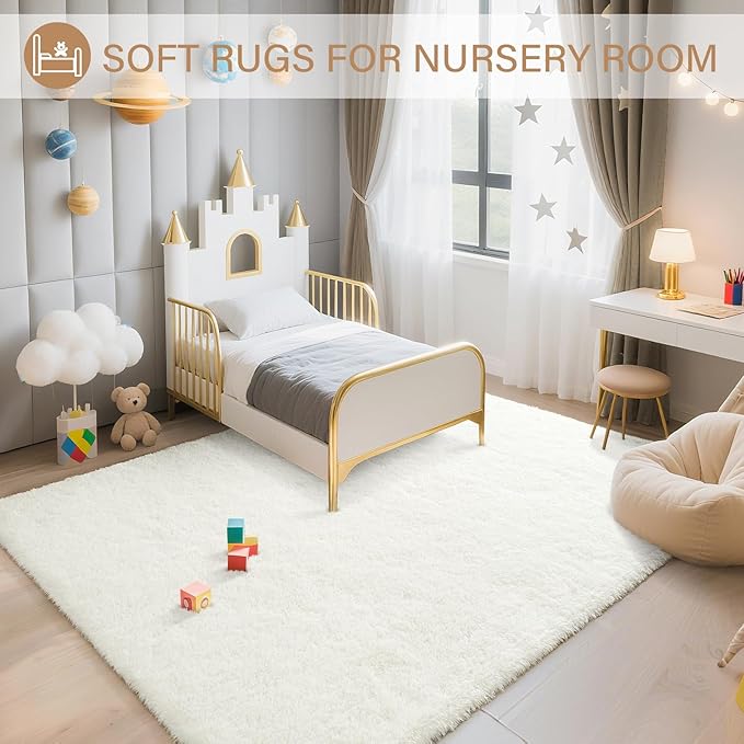 BENRON Fluffy Rugs for Living Room 5x7 Cream White, Washable Large Area Rugs for Bedroom Dining Table Office Kids Nursery Room, Washable Indoor Floor Carpets