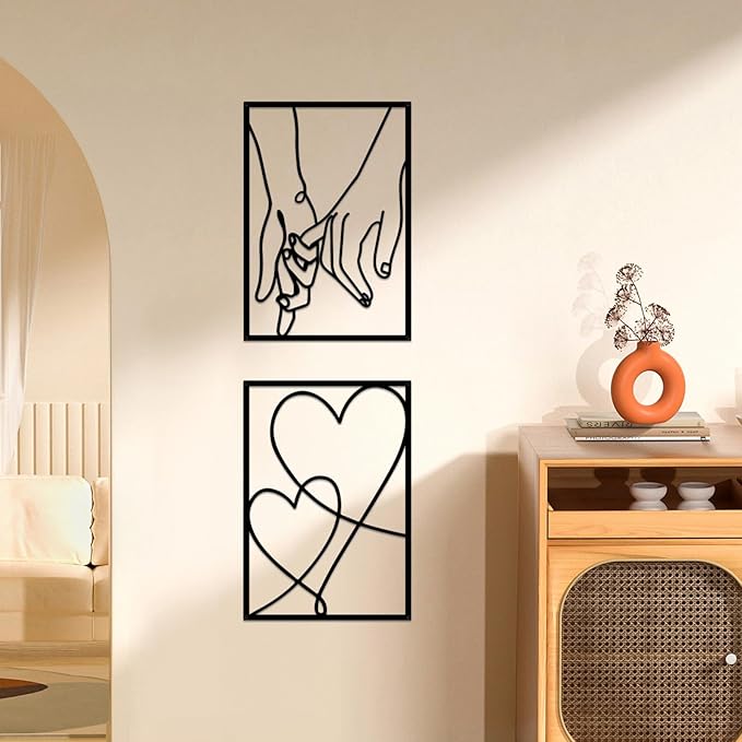 3 Pieces Metal Minimalist Line Wall Art, Valentine's Day Lover Kiss Hand Metal Wall Decor, Aesthetic Modern Home Hanging Wall Art Decor for Bedroom Bathroom Living Room