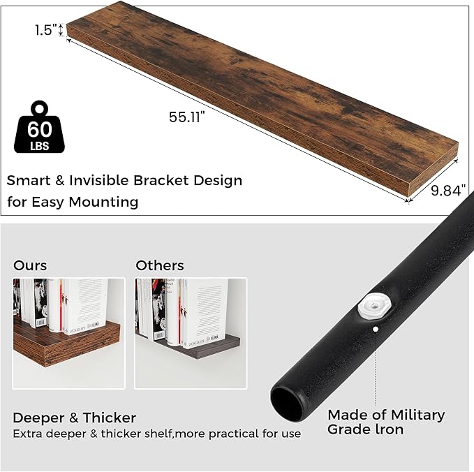 Venusmiles Floating Shelf for Wall 55 inch Long, Engineered Wood Large Wall Shelves with Invisible Brackets for Living Room Bedroom Bathroom Office Kitchen Decor and Storage, Rustic Brown, Set of 1