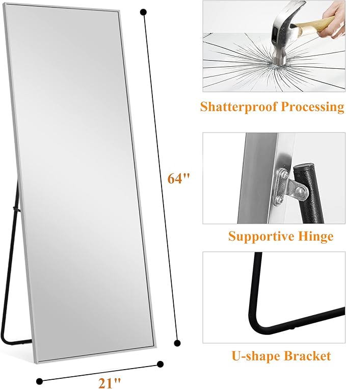 NeuType Full Length Mirror, 64"x21" With Stand - Floor or Wall-Mounted, Hanging or Leaning - Aluminum Alloy Thin Frame (Silver)