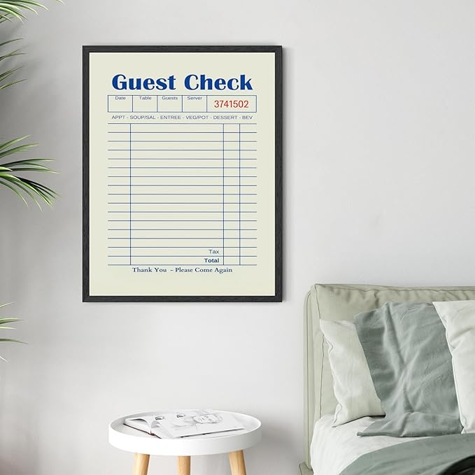 Licpach Blank Guest Check Kitchen Wall Art Retro Restaurant Blue Guest List Canvas Print Funny Quote Poster Trendy Minimal Receipt Sheet Painting for Dining Room Coffee Bar Decor 24x36inch Black Frame