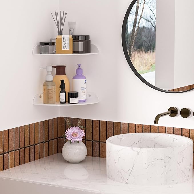 Sezanrpt 7x7 Inch Corner Shelf Wall Mount Set of 2, White Acrylic Corner Floating Shelves, Corner Wall Organizer Shelf for Bathroom, Kitchen, Bedroom, Living Room, Dining Room, Office