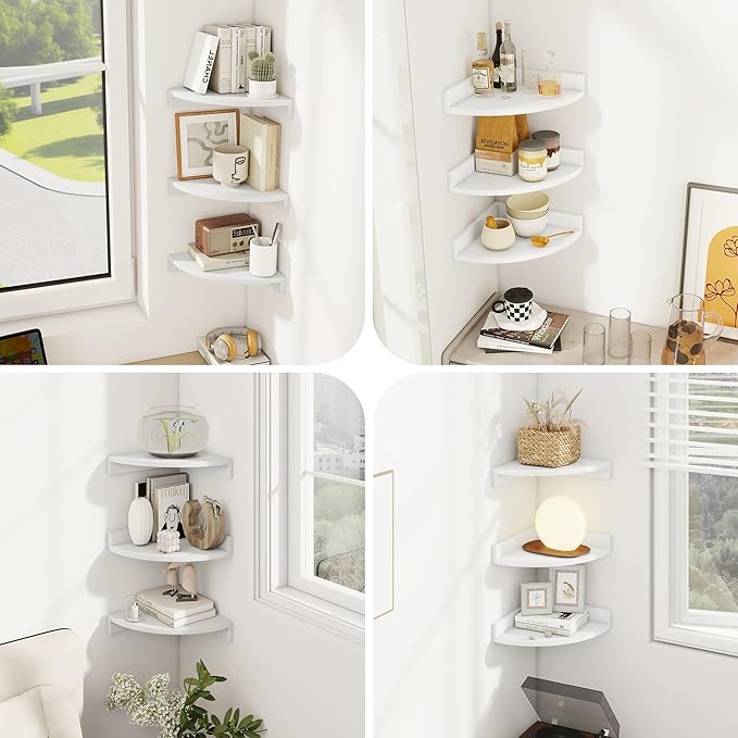 Corner Shelves 3-Pack for Bathroom & Kitchen, Space-Saving Floating Corner Wall Shelf with Easy Installation- White