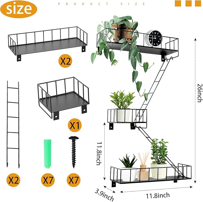 Zonon Fire Escape Wall Shelf Hanging Metal Ladder Shelves Wall Decor Cool Bookshelf Organizer Floating Shelves Action Figure Shelf for Home Bedroom Storage Display(Black,Short 3 Tier)