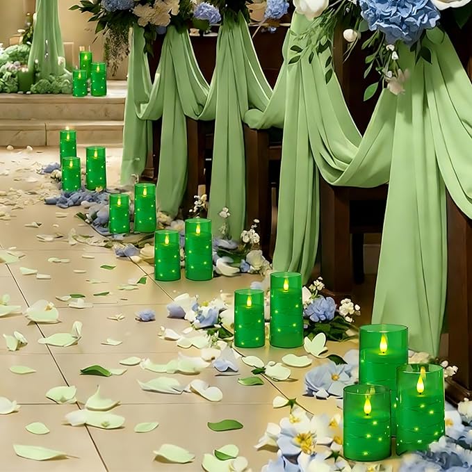 Homemory St. Patrick's Day Flameless Candles with Embedded Star String Fairy Lights, Green Battery Operated Candles, LED Candle, Fake Candles with Remote Control and Timer, Set of 3(H 4" 5" 6”)